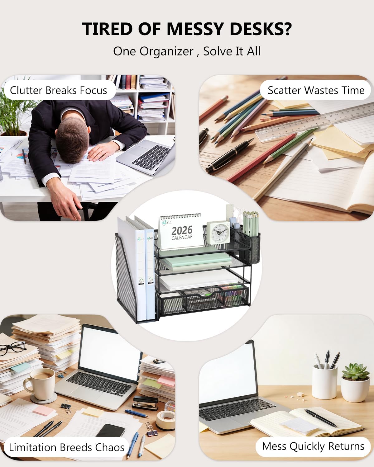 WALI Desk File Organizer, 4 Tier Desktop Paper Letter Tray Organizer with Drawer and 2 Pen Holders, Office Desk Accessories & Workspace Organizers for Office, Home Supplies(DO005DH-B), 1 Pack, Black - Image 3