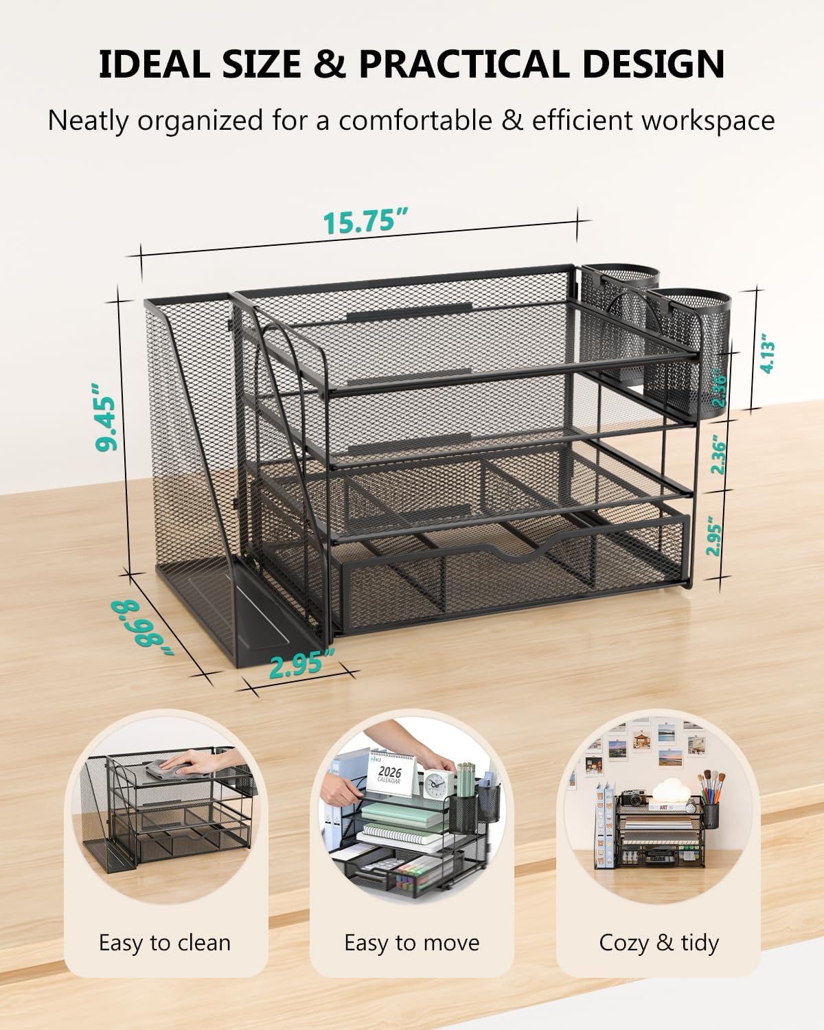 WALI Desk File Organizer, 4 Tier Desktop Paper Letter Tray Organizer with Drawer and 2 Pen Holders, Office Desk Accessories & Workspace Organizers for Office, Home Supplies(DO005DH-B), 1 Pack, Black - Image 8