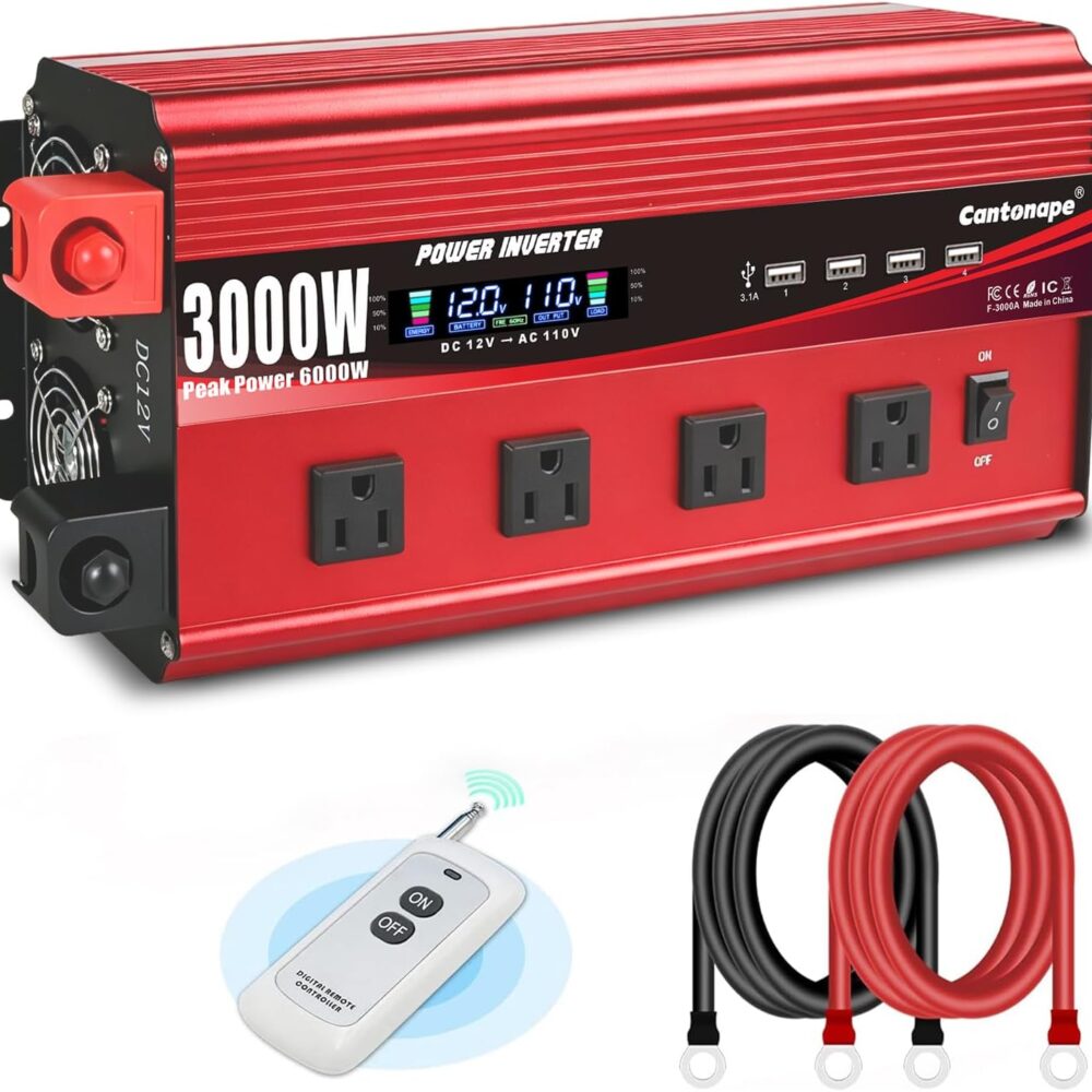 Cantonape 3000W Power Inverter 12V to 110V/120V DC to AC with LCD Display