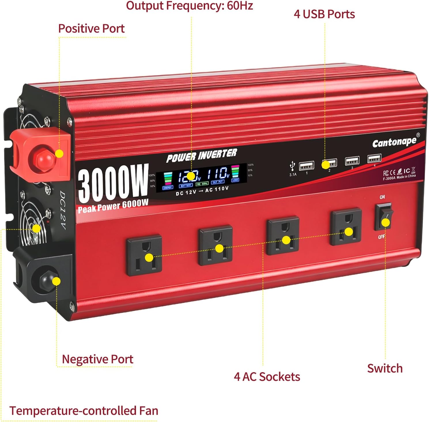 Cantonape 3000W Power Inverter 12V to 110V/120V DC to AC with LCD Display - Image 2