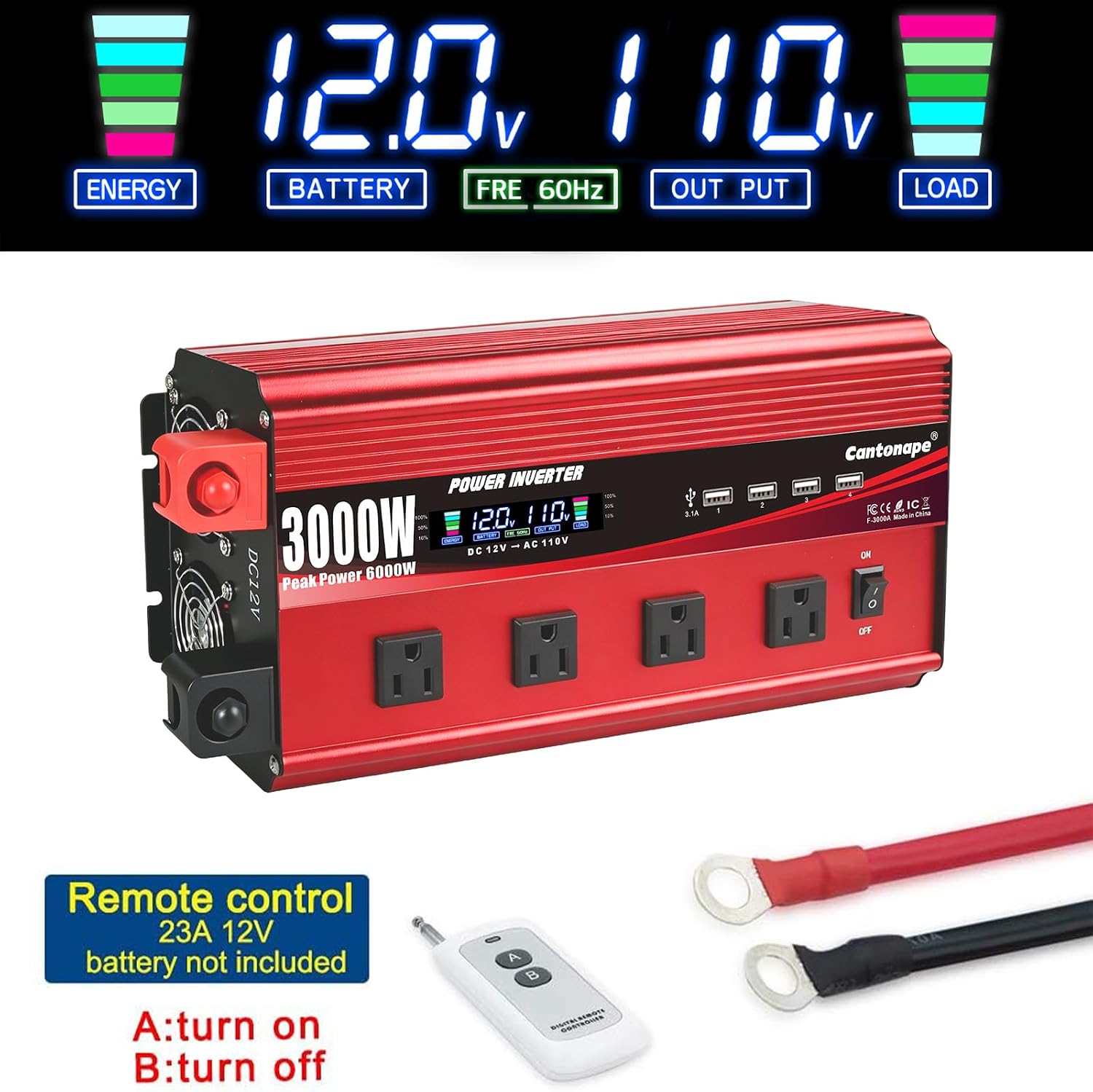 Cantonape 3000W Power Inverter 12V to 110V/120V DC to AC with LCD Display - Image 5