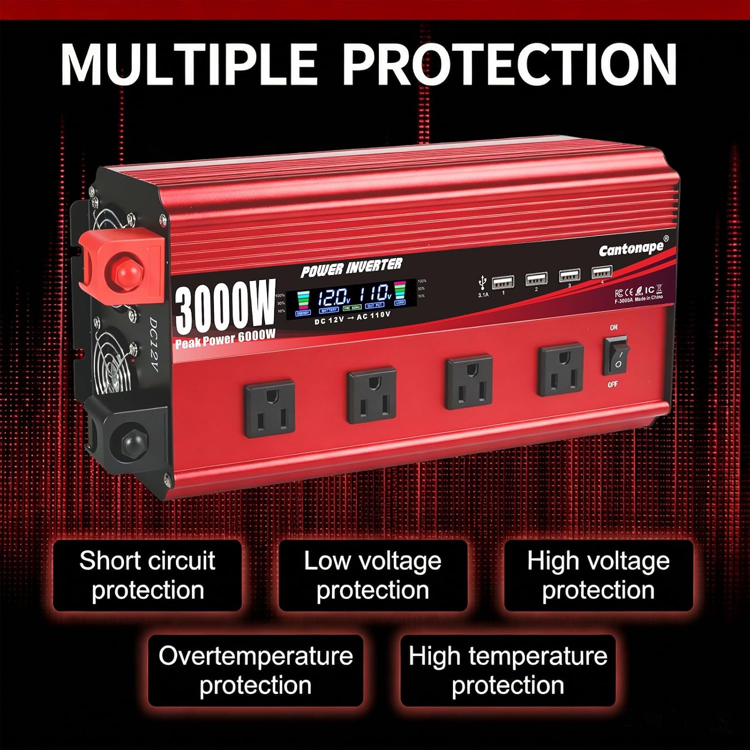 Cantonape 3000W Power Inverter 12V to 110V/120V DC to AC with LCD Display - Image 6