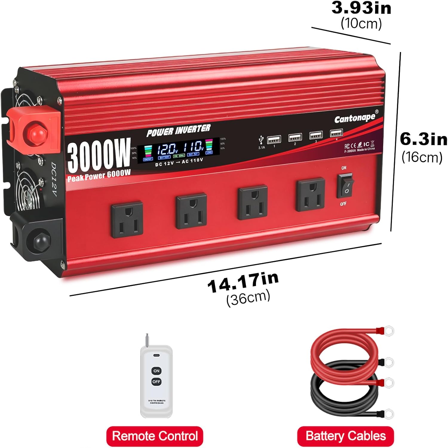 Cantonape 3000W Power Inverter 12V to 110V/120V DC to AC with LCD Display - Image 8