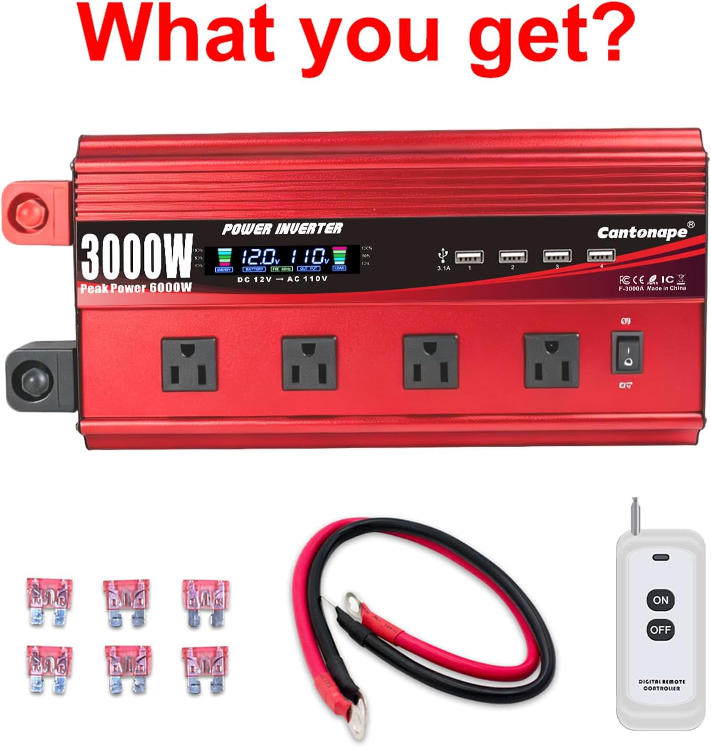 Cantonape 3000W Power Inverter 12V to 110V/120V DC to AC with LCD Display - Image 9